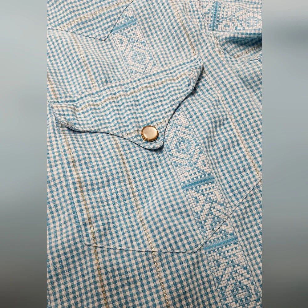 Vintage H Bar C 50s Men's Cotton Gingham Check Pearl Snap Long Sleeve 15.5 - 33 - Picture 4 of 10